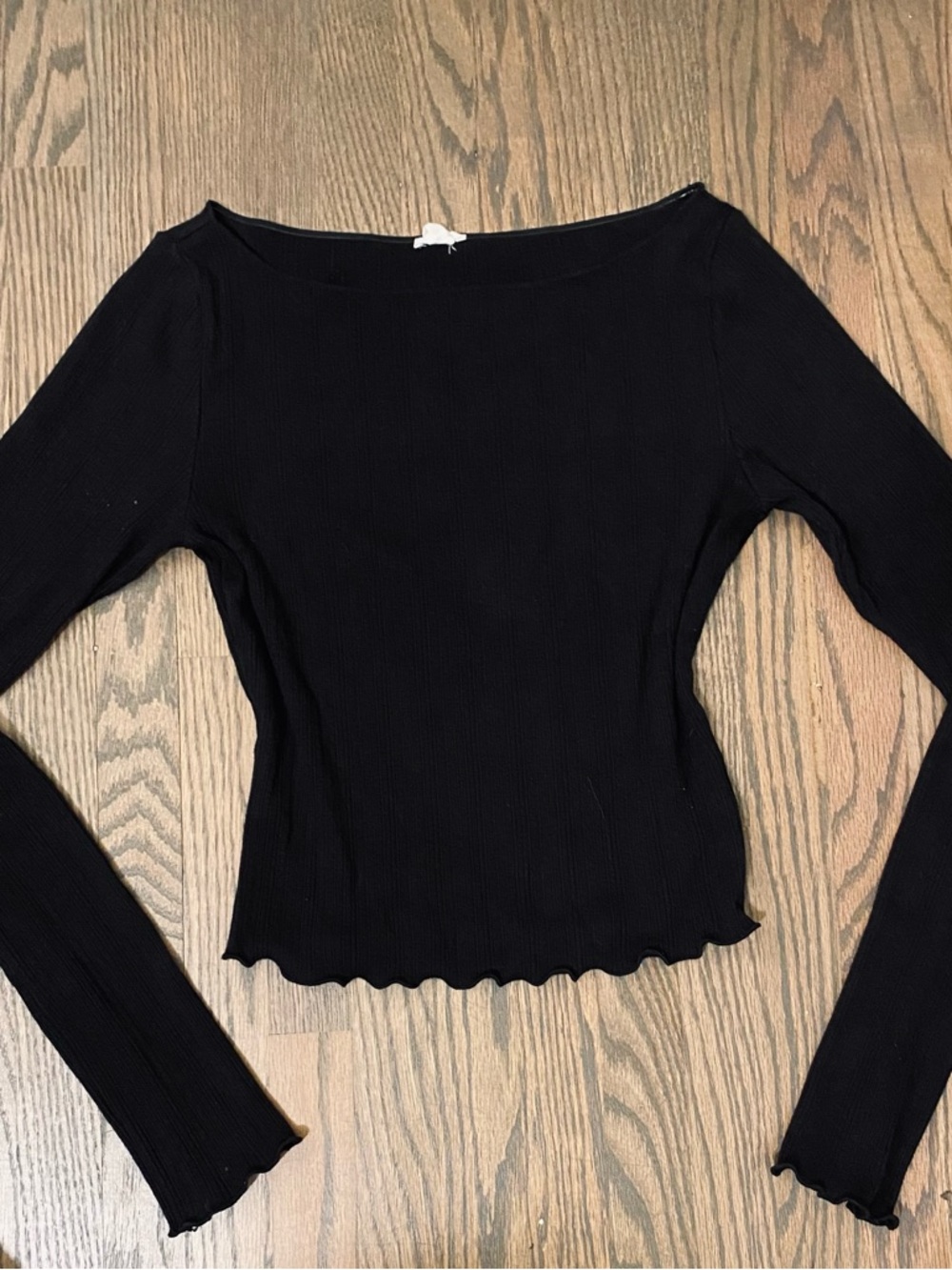 Garage black boatneck long sleeve with scalloped details